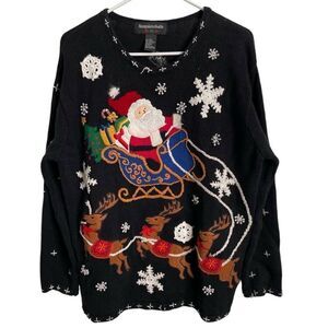 Vtg Y2K Womens Ugly Holiday Sweater L Black Embroidered Appliqué Santa Raindeer